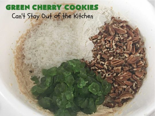 Green Cherry Cookies | Can't Stay Out of the Kitchen | these festive #cookies are terrific for #holiday #baking & parties, a #ChristmasCookieExchange or even potlucks! #GreenCherries, #pecans & #coconut combine for a fantastic #dessert that everyone will love. #CherryDessert #HolidayDessert #ParadiseFruitCompany #ParadiseCandiedFruit #GreenCherryCookies