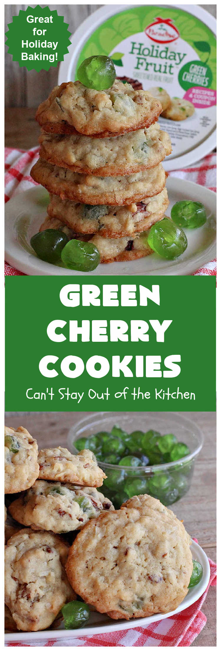 Green Cherry Cookies | Can't Stay Out of the Kitchen | these festive #cookies are terrific for #holiday #baking & parties, a #ChristmasCookieExchange or even potlucks! #GreenCherries, #pecans & #coconut combine for a fantastic #dessert that everyone will love. #CherryDessert #HolidayDessert #ParadiseFruitCompany #ParadiseCandiedFruit #GreenCherryCookies