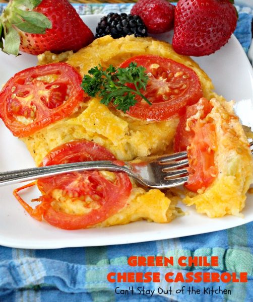 Green Chile Cheese Casserole | Can't Stay Out of the Kitchen | this is a fabulous #BreakfastCasserole to wake up to on a #holiday morning like #Thanksgiving, #Christmas or #NewYearsDay. It's got #TexMex flavors & filled with 2 cheeses & #eggs. Also good to serve for #MeatlessMondays. #CheddarCheese #MontereyJackCheese #GreenChilies #holiday #HolidayBreakfast #brunch #GlutenFree #GlutenFreeBreakfastCasserole #breakfast #GreenChileCheeseCasserole