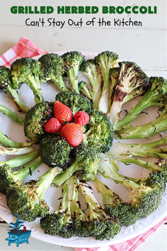Grilled Herbed Broccoli | Can't Stay Out of the Kitchen | this simple & easy #recipe for #broccoli is adapted for the grill. It uses only a handful of ingredients & can be ready to eat in about 10 minutes! If you enjoy grilling out with friends & backyard barbecues, this is a #healthy, #GlutenFree #LowCalorie #SideDish everyone will enjoy. #broccoli #HerbedBroccoli #GrilledHerbedBroccoli