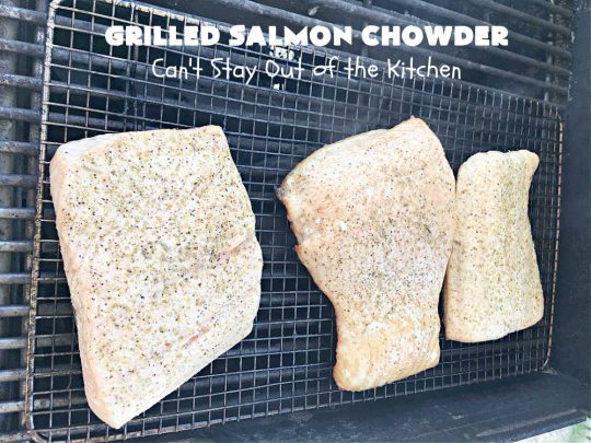 Grilled Salmon Chowder | Can't Stay Out of the Kitchen | this is one of the best #seafood #chowder #recipes ever! It includes chunks of #GrilledSalmon, #potatoes, #carrots, #corn, #peas & #leeks. #OldBaySeasoning gives it great flavor. It's thick, hearty, satisfying and comforting for any weeknight meal. #bacon #pork #salmon #fish #chives #GrilledSalmonChowder