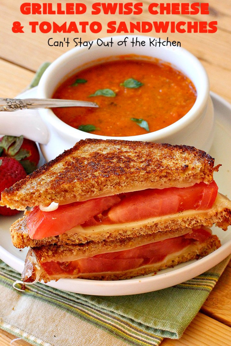 Grilled Swiss Cheese and Tomato Sandwiches | Can't Stay Out of the Kitchen | these fantastic #GrilledCheese #sandwiches are made with #SwissCheese & #tomatoes. They're always highly requested by others. Every bite is hearty, filling & totally satisfying. Great for #tailgating parties too. #GrilledCheeseSandwiches #GrilledSwissCheeseAndTomatoSandwiches