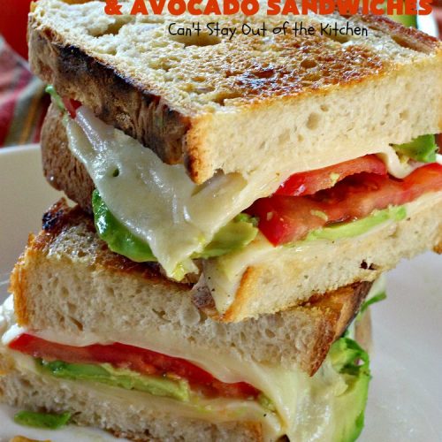 Grilled Swiss, Tomato and Avocado Sandwiches | Can't Stay Out of the Kitchen | these fantastic #sandwiches are always a huge hit when we make them. These are particularly good for a quick weekend lunch or meal when you've been busy with sporting events. Also great for #tailgating parties. #SwissCheese #tomatoes #avocados #MeatlessMonday #GrilledCheeseSandwiches #GrilledSwissTomatoAndAvocadoSandwiches