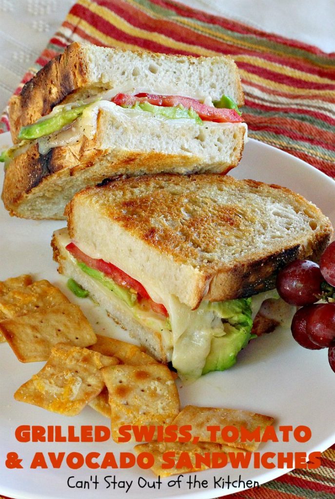 Grilled Swiss, Tomato and Avocado Sandwiches | Can't Stay Out of the Kitchen | these fantastic #sandwiches are always a huge hit when we make them. These are particularly good for a quick weekend lunch or meal when you've been busy with sporting events. Also great for #tailgating parties. #SwissCheese #tomatoes #avocados #MeatlessMonday #GrilledCheeseSandwiches #GrilledSwissTomatoAndAvocadoSandwiches