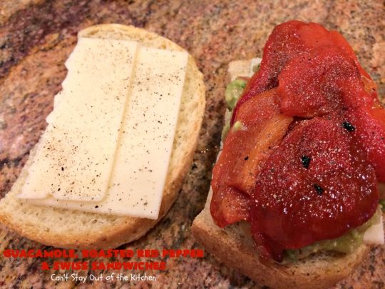Guacamole, Roasted Red Pepper and Swiss Sandwiches | Can't Stay Out of the Kitchen | fantastic #sandwich featuring homemade #Guacamole, #RoastedRedPeppers & #SwissCheese. Great for #tailgating parties. #TexMex #GuacamoleRoastedRedPepperAndSwissSandwiches