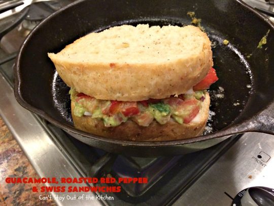 Guacamole, Roasted Red Pepper and Swiss Sandwiches | Can't Stay Out of the Kitchen | fantastic #sandwich featuring homemade #Guacamole, #RoastedRedPeppers & #SwissCheese. Great for #tailgating parties. #TexMex #GuacamoleRoastedRedPepperAndSwissSandwiches