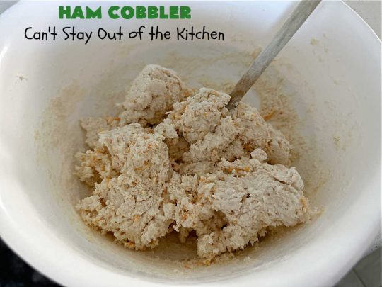Ham Cobbler | Can't Stay Out of the Kitchen | this delicious #casserole includes #ham & #vegetables in a thick sauce & it's topped with #CheddarBayBiscuits. It's a real comfort food experience that your family is sure to enjoy. Great for #potlucks & an excellent way to use up leftover #holiday ham. #HamCobbler