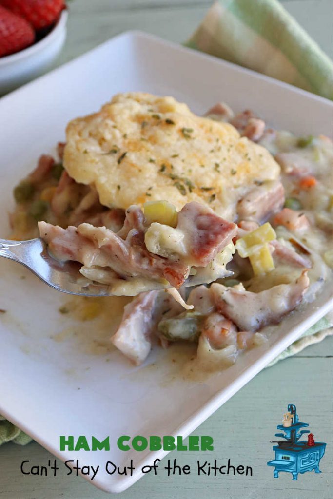 Ham Cobbler | Can't Stay Out of the Kitchen | this delicious #casserole includes #ham & #vegetables in a thick sauce & it's topped with #CheddarBayBiscuits. It's a real comfort food experience that your family is sure to enjoy. Great for #potlucks & an excellent way to use up leftover #holiday ham. #HamCobbler