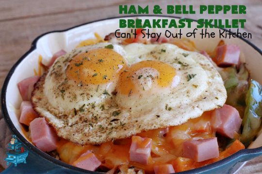 Ham and Bell Pepper Breakfast Skillet | Can't Stay Out of the Kitchen | this hearty & delicious #BreakfastSkillet includes #ham & four kinds of #BellPeppers along with #HashBrowns, #eggs & both #MontereyJack & #CheddarCheese. It makes a totally satisfying & filling weekend or company #breakfast. #holiday #HolidayBreakfast #SkilletBreakfast #HamAndBellPepperBreakfastSkillet #GlutenFree #pork