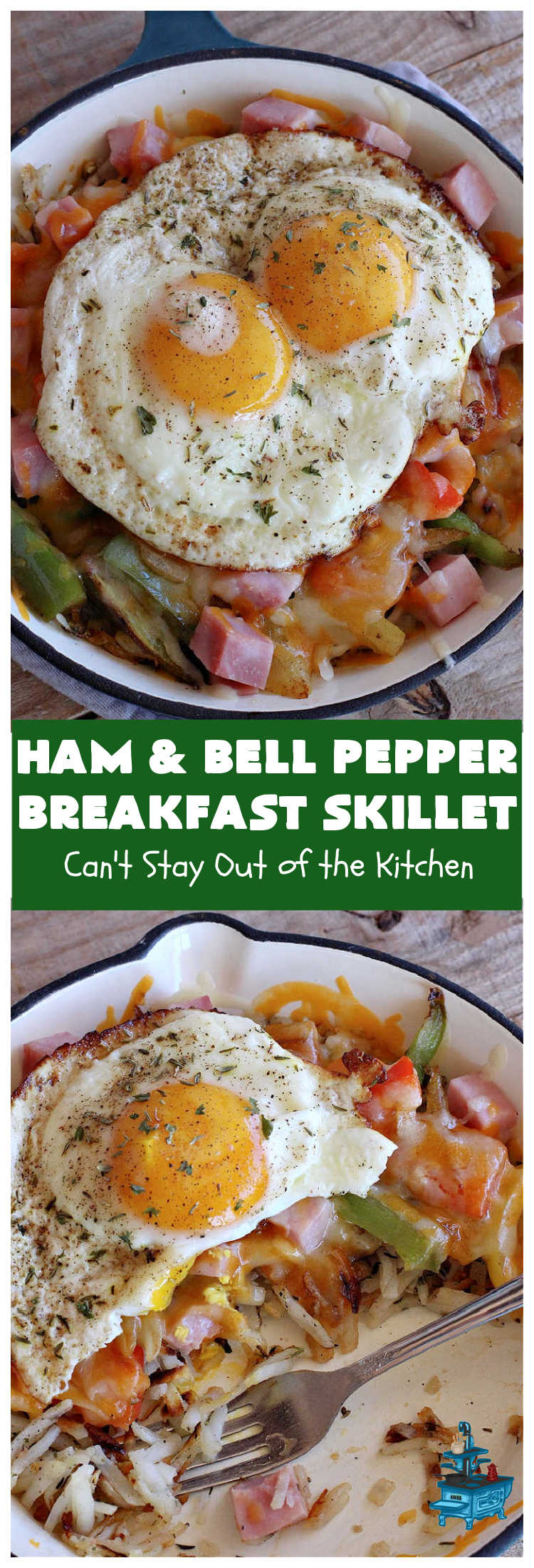 Ham and Bell Pepper Breakfast Skillet | Can't Stay Out of the Kitchen | this hearty & delicious #BreakfastSkillet includes #ham & four kinds of #BellPeppers along with #HashBrowns, #eggs & both #MontereyJack & #CheddarCheese. It makes a totally satisfying & filling weekend or company #breakfast. #holiday #HolidayBreakfast #SkilletBreakfast #HamAndBellPepperBreakfastSkillet #GlutenFree #pork