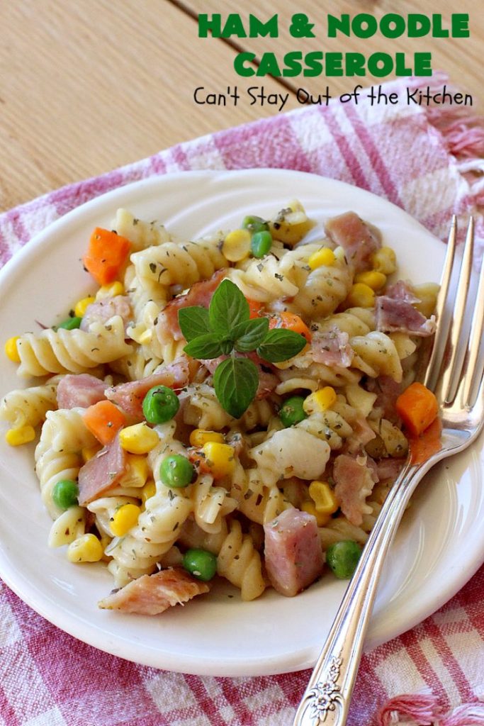 Ham and Noodle Casserole | Can't Stay Out of the Kitchen | this hearty & satisfying #casserole is a terrific way to use up leftover #holiday #ham from #Thanksgiving or #Christmas. It's a kid-friendly meal that will soon become a family favorite. #noodles #pasta #peas #corn #carrots #HamAndNoodleCasserole