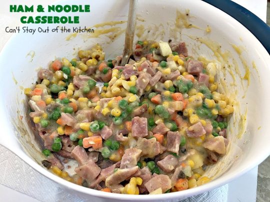 Ham and Noodle Casserole | Can't Stay Out of the Kitchen | this hearty & satisfying #casserole is a terrific way to use up leftover #holiday #ham from #Thanksgiving or #Christmas. It's a kid-friendly meal that will soon become a family favorite. #noodles #pasta #peas #corn #carrots #HamAndNoodleCasserole