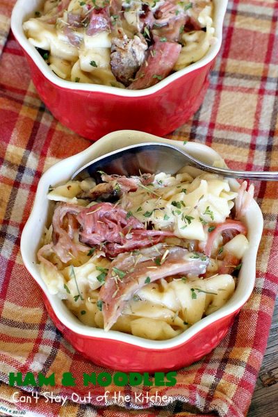 Ham and Noodles | Can't Stay Out of the Kitchen | this mouthwatering #recipe is a terrific way to use up leftover #holiday #ham. It's made in the #SlowCooker & so easy. Savory, sumptuous stick-to-the-ribs meal. #noodles #pasta #HamAndNoodles