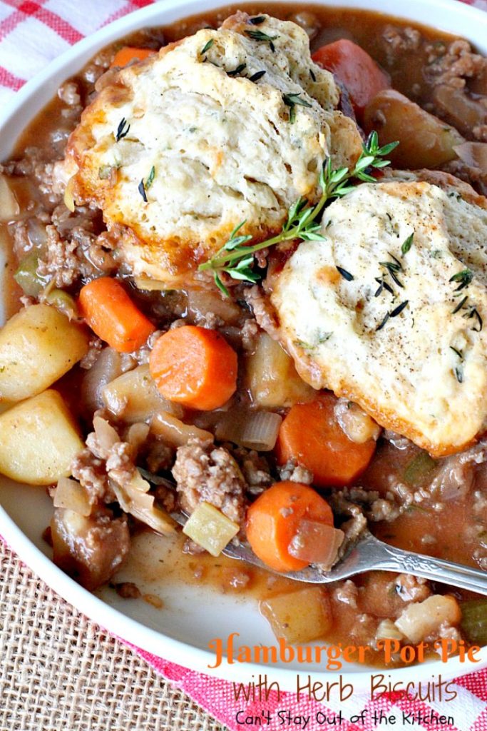 Hamburger Pot Pie with Herb Biscuits | Can't Stay Out of the Kitchen | this heavenly #potpie is amazing. Great comfort food any time of the year. #beef #biscuits #potatoes #carrots