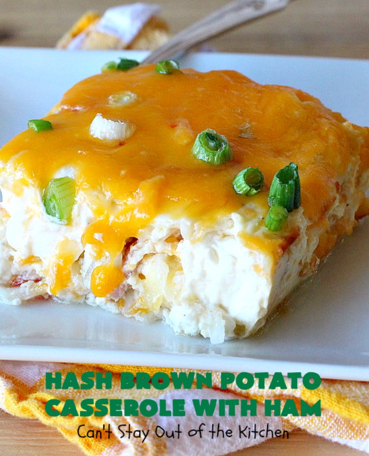 Hash Brown Potato Casserole with Ham | Can't Stay Out of the Kitchen | this amazing #HashBrownCasserole is filled with #ham, #CreamCheese & #CheddarCheese. It's a souffle-type casserole that's absolutely scrumptious. It's perfect for a #holiday #breakfast like #MothersDay or #FathersDay. #cheese #HashBrowns #HashBrownPotatoCasserole #GlutenFree #HolidayBreakfast #HolidayCasserole #GlutenFreeCasserole #GlutenFreeBreakfastCasserole #pork #MothersDayBreakfast #FathersDayBreakfast