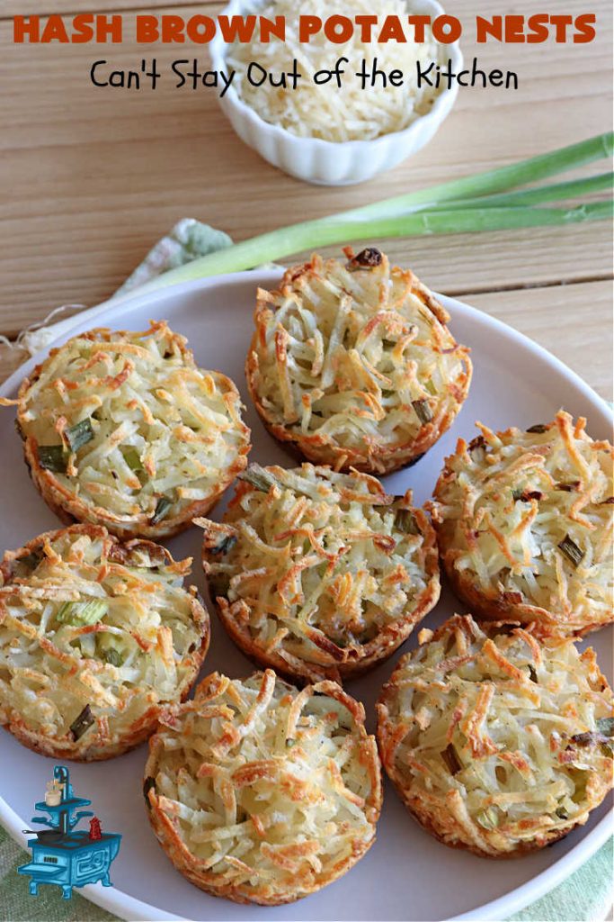Hash Brown Potato Nests | Can't Stay Out of the Kitchen | these adorable #potato nests are marvelous for weekend, company or a #holiday #breakfast. They're simple to make & are baked in muffin tins. Excellent side for a #HolidayBreakfast. #GlutenFree #ParmesanCheese #HashBrowns #HashBrownPotatoNests