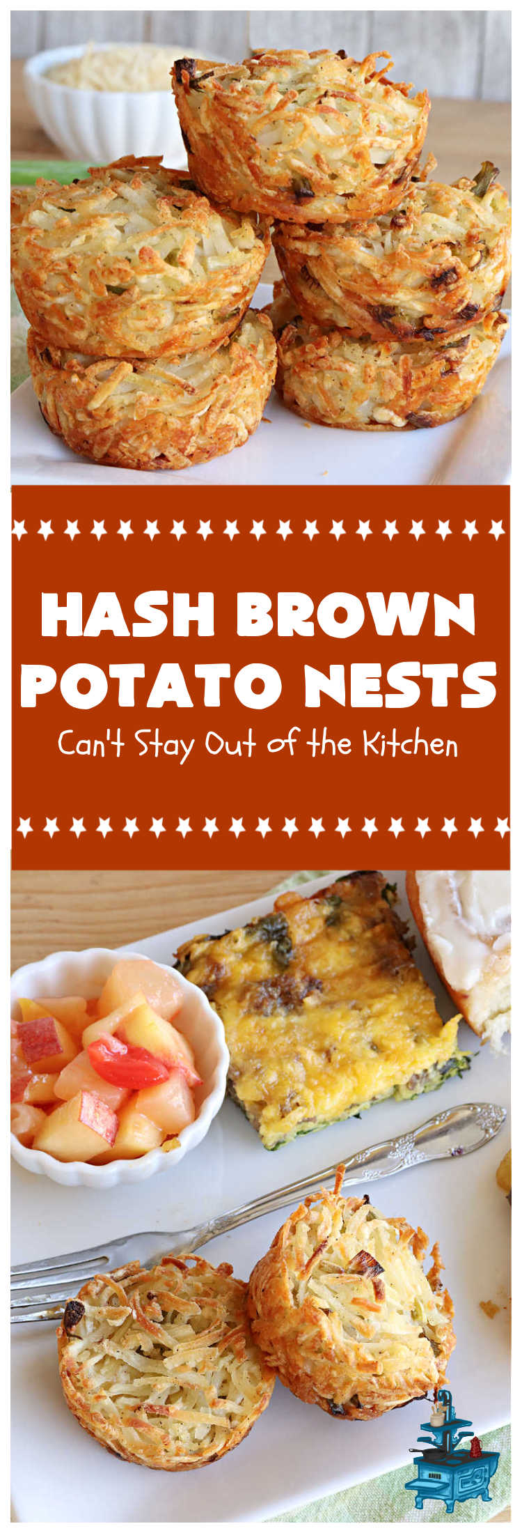 Hash Brown Potato Nests | Can't Stay Out of the Kitchen | these adorable #potato nests are marvelous for weekend, company or a #holiday #breakfast. They're simple to make & are baked in muffin tins. Excellent side for a #HolidayBreakfast. #GlutenFree #ParmesanCheese #HashBrowns #HashBrownPotatoNests