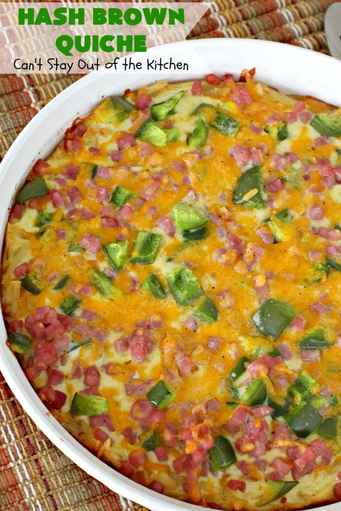 Hash Brown Quiche | Can't Stay Out of the Kitchen | this easy #quiche #recipe uses a #hashbrown crust. It's terrific for a #holiday #breakfast. #ham #cheddarcheese #glutenfree #pork #glutenfreequiche  #HolidayBreakfast