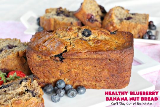 Healthy Blueberry Banana Nut Bread | Can't Stay Out of the Kitchen | this healthier version of #BananaBread uses #WholeWheatFlour, honey & #Flaxseeds. It's absolutely delicious. It's the perfect #recipe for a company or #holiday #breakfast. Everyone loves it! #bread #BlueberryBread #bananas #Healthy ##HealthyBlueberryBananaNutBread #pecans