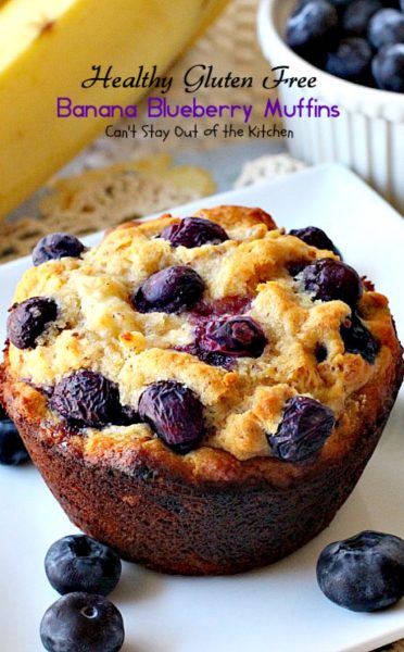 Healthy Gluten Free Banana Blueberry Muffins | Can't Stay Out of the Kitchen | We love these delicious #blueberry #breakfast #muffins. This healthy, #clean-eating recipe uses honey instead of sugar and #glutenfree flour instead of regular. Great way to use up overripe #bananas!