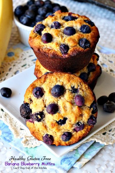 Healthy Gluten Free Banana Blueberry Muffins | Can't Stay Out of the Kitchen | We love these delicious #blueberry #breakfast #muffins. This healthy, #clean-eating recipe uses honey instead of sugar and #glutenfree flour instead of regular. Great way to use up overripe #bananas!