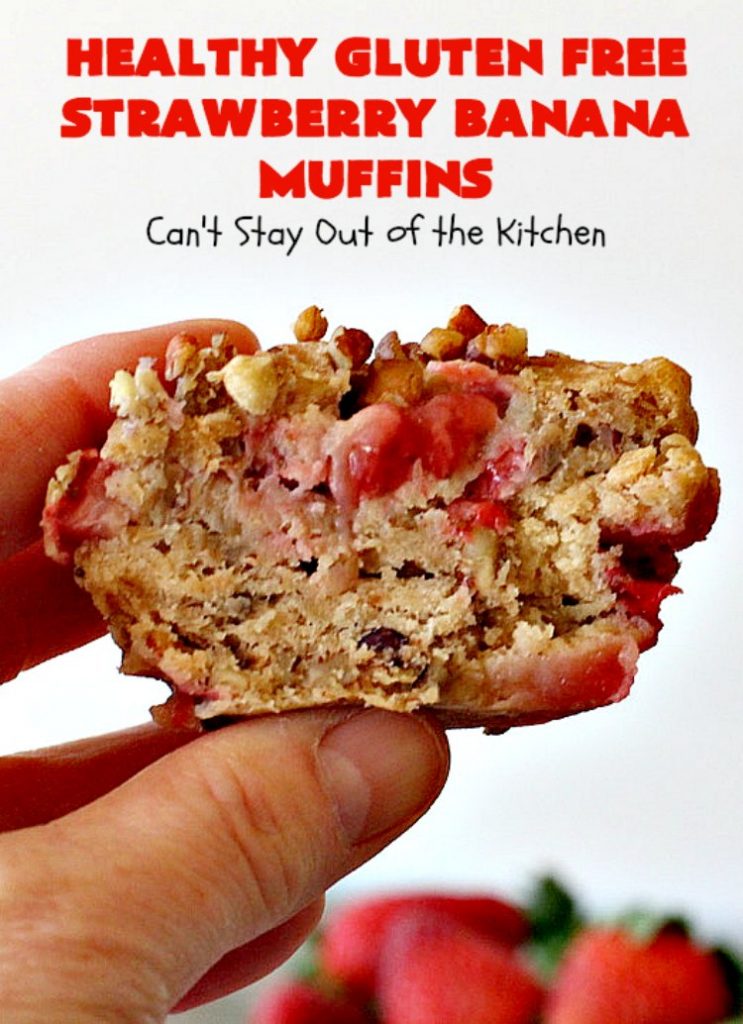 Healthy Gluten Free Strawberry Banana Muffins | Can't Stay Out of the Kitchen | We loved how these amazing #muffins turned out. They're filled with #bananas #strawberries & #pecans & made with #glutenfree flour & coconut sugar. Perfect for a #holiday #breakfast like #MothersDay or #FathersDay.