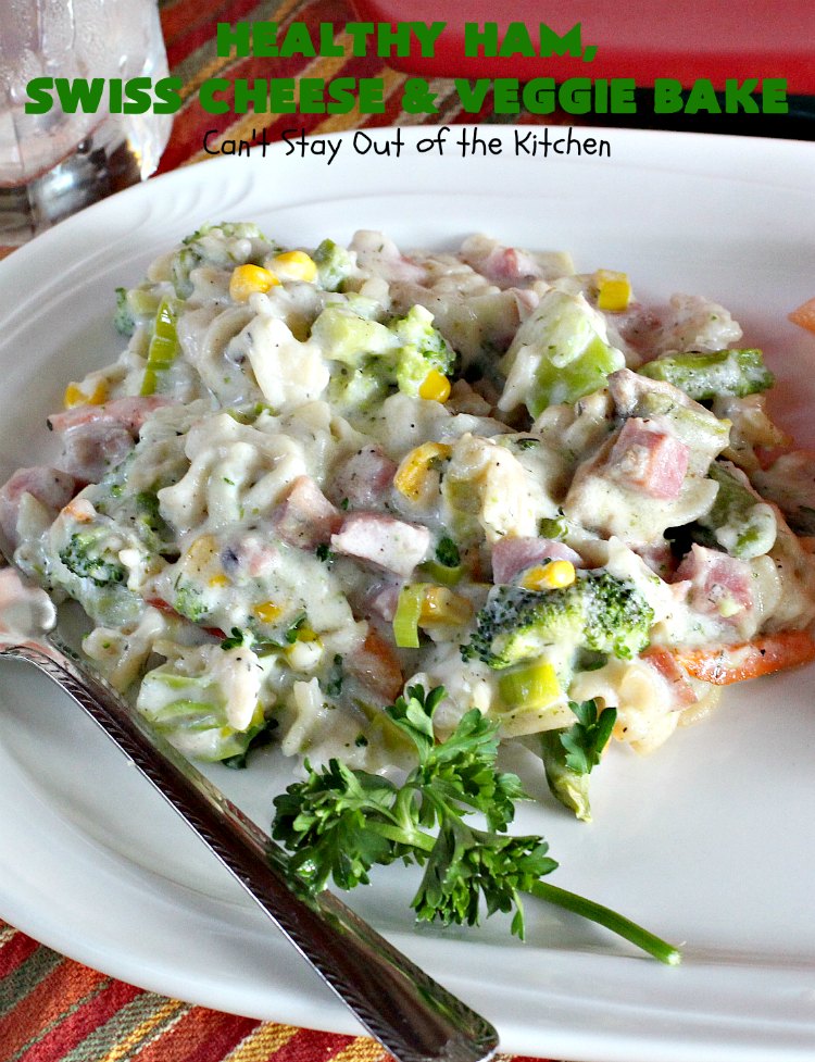 Healthy Ham, Swiss Cheese and Veggie Bake | Can't Stay Out of the Kitchen | this healthier version of #Ham and #Noodle #casserole uses a lot of fresh and frozen #veggies along with #GlutenFree #noodles and GF Flour in the sauce. If you're trying to eliminate canned soups from your diet, this one-dish meal is for you! It's also s a terrific way to use up leftover #holiday ham from #Thanksgiving or #Christmas. #pasta #SwissCheese #HamCasserole #HealthyHamSwissCheeseAndVeggieBake
