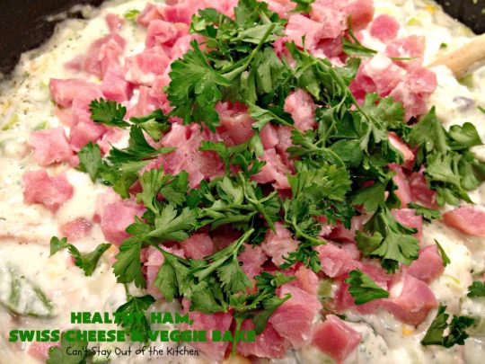 Healthy Ham, Swiss Cheese and Veggie Bake | Can't Stay Out of the Kitchen | this healthier version of #Ham and #Noodle #casserole uses a lot of fresh and frozen #veggies along with #GlutenFree #noodles and GF Flour in the sauce. If you're trying to eliminate canned soups from your diet, this one-dish meal is for you! It's also s a terrific way to use up leftover #holiday ham from #Thanksgiving or #Christmas. #pasta #SwissCheese #HamCasserole #HealthyHamSwissCheeseAndVeggieBake