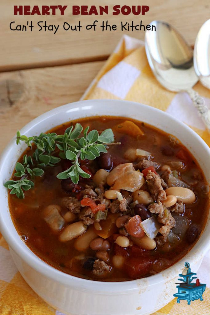 Hearty Bean Soup | Can't Stay Out of the Kitchen | This scrumptious #soup is chocked full of 8 different kinds of #beans. It's hearty & delicious & makes enough to serve a crowd. Great for #tailgating parties. #HeartyBeanSoup