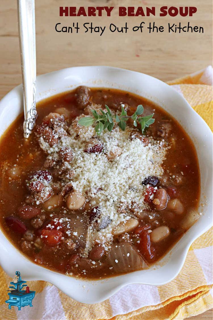 Hearty Bean Soup | Can't Stay Out of the Kitchen | This scrumptious #soup is chocked full of 8 different kinds of #beans. It's hearty & delicious & makes enough to serve a crowd. Great for #tailgating parties. #HeartyBeanSoup Hearty Bean Soup | Can't Stay Out of the Kitchen | This scrumptious #soup is chocked full of 8 different kinds of #beans. It's hearty & delicious & makes enough to serve a crowd. Great for #tailgating parties. #HeartyBeanSoup