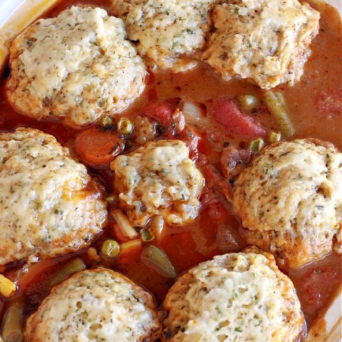 Hearty Beef Stew with Dumplings | Can't Stay Out of the Kitchen | this fantastic #BeefStew is made in the #crockpot and is a full one-dish meal. This hearty #recipe is so filling and satisfying that your family will request it often. It's a great comfort food meal for family or company. #peas #corn #GreenBeans #carrots #potatoes #StewedTomatoes #mushrooms #dumplings #SlowCooker #beef #HeartyBeefStewWithDumplings