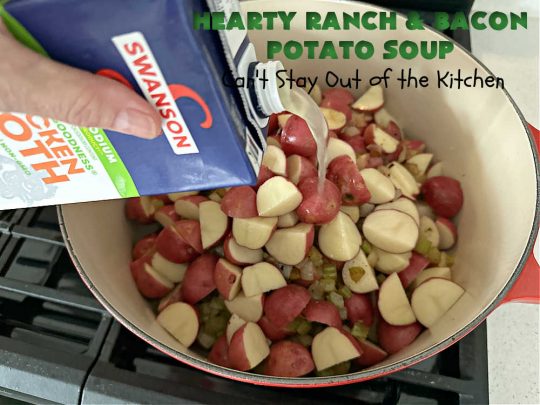 Hearty Ranch and Bacon Potato Soup | Can't Stay Out of the Kitchen | this is a fantastic #PotatoSoup #recipe that includes #bacon, #RanchDressingMix, #CheddarCheese, & of course, #potatoes! It's creamy, scrumptious, comfort food that's terrific served with #HomemadeRolls! Totally hearty, filling & satisfying #soup. #Ranch makes it even better. #HeartyRanchAndBaconPotatoSoup