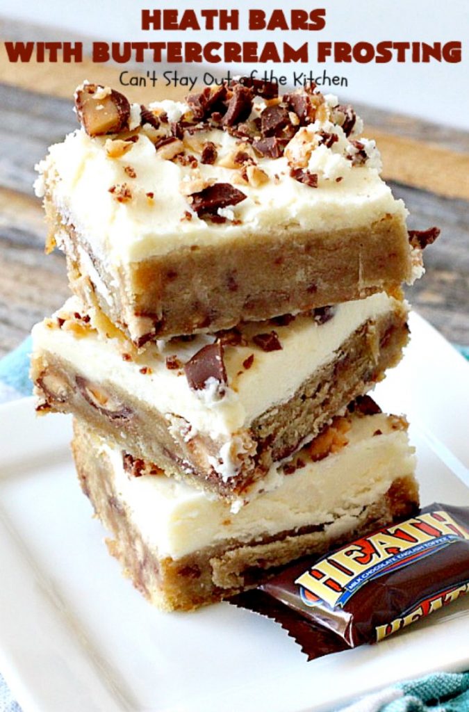 Heath Bars with Buttercream Frosting | Can't Stay Out of the Kitchen | these bar-type #cookies are divine! Amazing icing makes them spectacular. Uses #HeathCandyBars. #chocolate #dessert