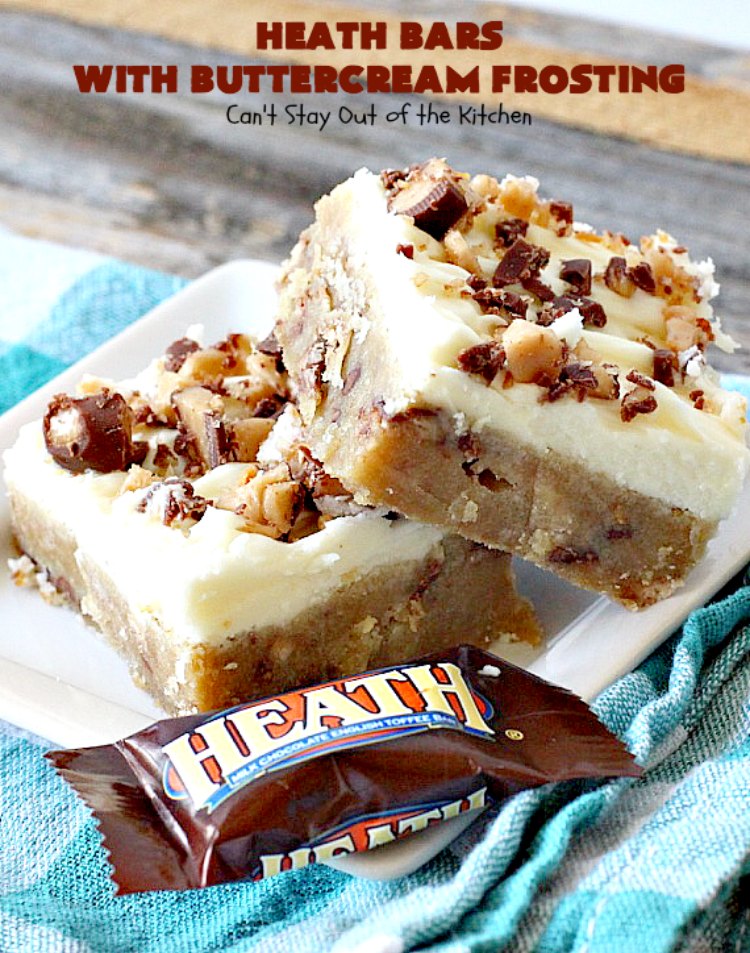 Heath Bars with Buttercream Frosting | Can't Stay Out of the Kitchen | these bar-type #cookies are divine! Amazing icing makes them spectacular. Uses #HeathCandyBars. #chocolate #dessert