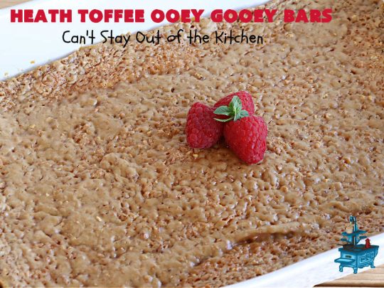 Heath Toffee Ooey Gooey Bars | Can't Stay Out of the Kitchen | These #OoeyGooeyBars are outrageously good! If you want an earth-shattering experience, bake up a batch of these lovely #brownies for your next #tailgating party, potluck or backyard BBQ. This easy #recipe uses only 6 ingredients! #cookies #dessert #HeathEnglishToffeeBits #HeathToffee #HeathToffeeOoeyGooeyBars