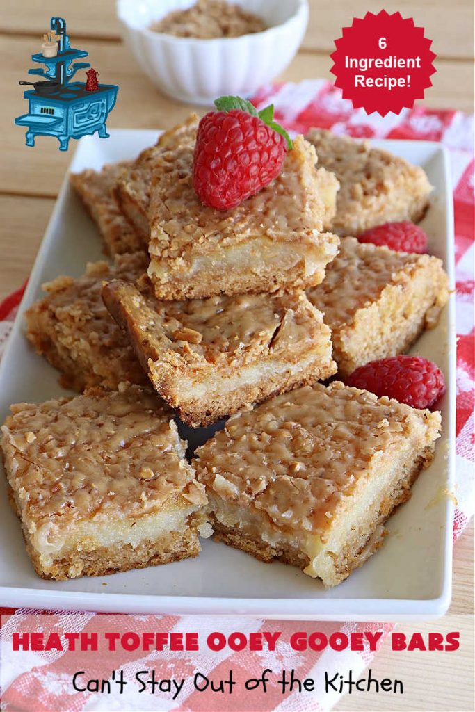 Heath Toffee Ooey Gooey Bars | Can't Stay Out of the Kitchen | These #OoeyGooeyBars are outrageously good! If you want an earth-shattering experience, bake up a batch of these lovely #brownies for your next #tailgating party, potluck or backyard BBQ. This easy #recipe uses only 6 ingredients! #cookies #dessert #HeathEnglishToffeeBits #HeathToffee #HeathToffeeOoeyGooeyBars