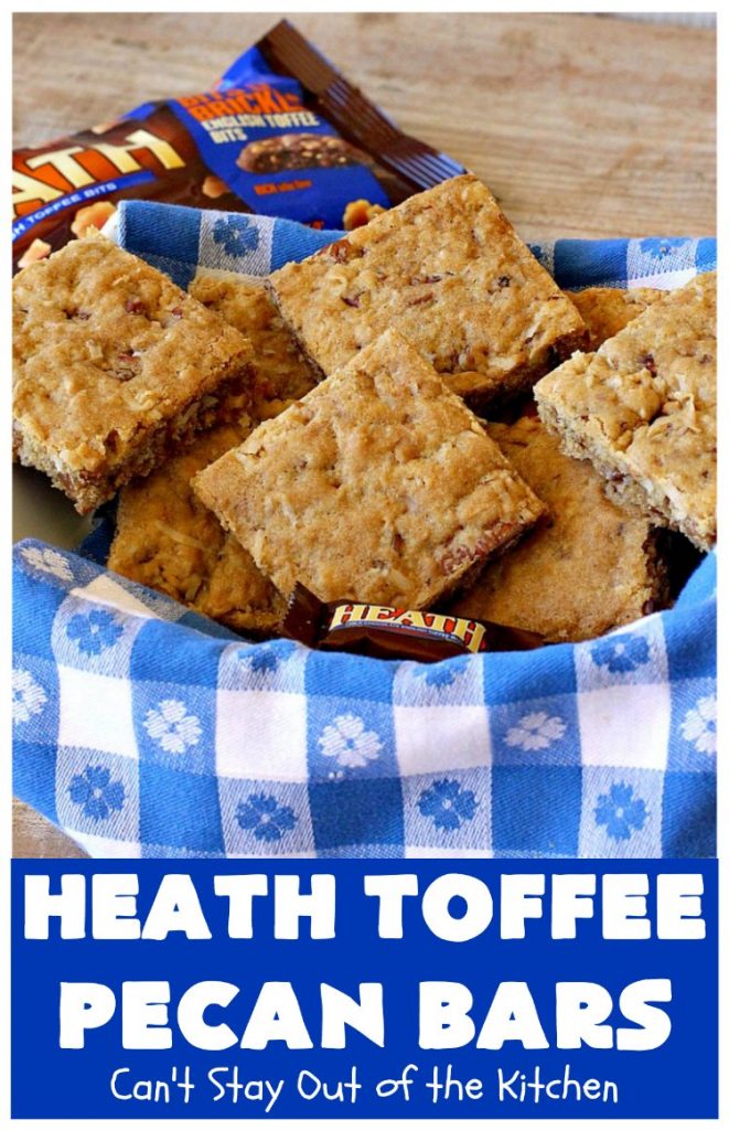 Heath Toffee Pecan Bars | Can't Stay Out of the Kitchen | these #cookies simply explode with flavor & crunchiness by using #HeathEnglishToffeeBits & #pecans. #tailgating #dessert #HeathToffeeBitsDessert #ToffeeDessert #HeathToffeePecanBars #holiday #HolidayDessert