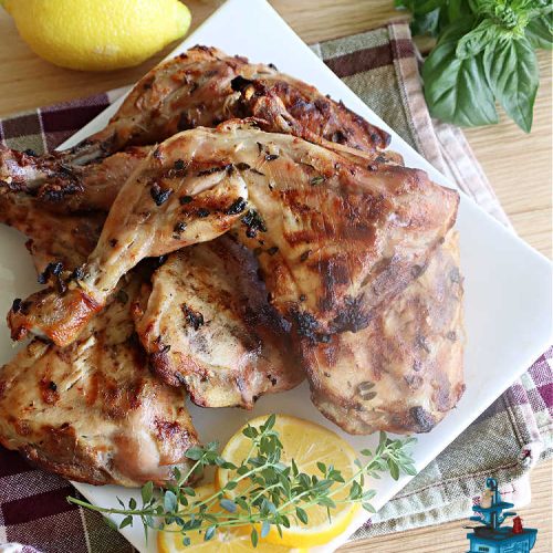 Herbed Chicken Quarters | Can't Stay Out of the Kitchen | This easy #recipe calls for making a #marinade with #lemons, fresh #herbs & #garlic. Refrigerate for a day before tossing the #ChickenLegQuarters on the grill. Tasty, #healthy, #LowCalorie, #GlutenFree way to enjoy #chicken. Quick & easy for busy weeknight dinners too. #HerbedChickenQuarters