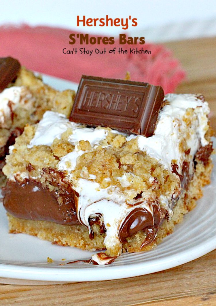 Hershey's S'Mores Bars | Can't Stay Out of the Kitchen | these outrageous #brownies are one of the most sensational, decadent #desserts you'll ever eat! We gorge ourselves on these! #chocolate #marshmallowcreme #Hershey'schocolatebars