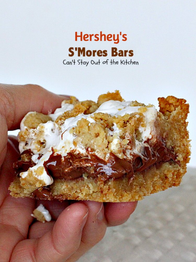 Hershey's S'Mores Bars | Can't Stay Out of the Kitchen | these outrageous #brownies are one of the most sensational, decadent #desserts you'll ever eat! We gorge ourselves on these! #chocolate #marshmallowcreme #Hershey'schocolatebars