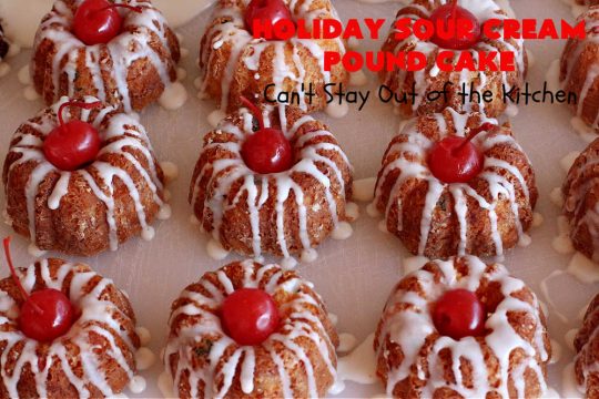 Holiday Sour Cream Pound Cake | Can't Stay Out of the Kitchen | this lovely #PoundCake includes #almond flavoring & #FruitcakeMix in the batter. It's made in miniature #bundt pans & makes a terrific #Christmas gift for friends & neighbors. So many people have told us how much they enjoyed this scrumptious #cake. #SourCreamPoundCake #dessert #ParadiseFruitCompany #HolidayDessert #ParadiseCandiedFruit #CherryDessert #HolidaySourCreamPoundCake