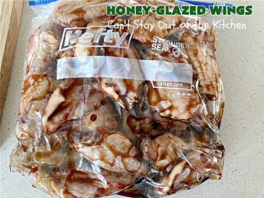 Honey-Glazed Wings | Can't Stay Out of the Kitchen | This easy-peasy #appetizer is a delicious marinated #recipe that's #baked up the next day. The #marinade is poured over the #ChickenWings before #baking so it's wonderfully easy to toss together for #tailgating parties, #potlucks & #BackyardBarbecues. #wings #chicken #poultry #GlutenFree #HoneyGlazedWings