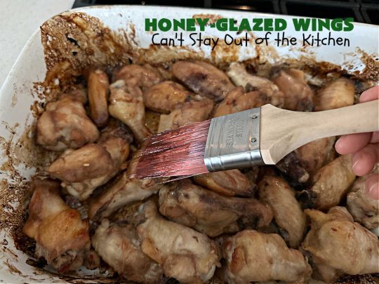 Honey-Glazed Wings | Can't Stay Out of the Kitchen | This easy-peasy #appetizer is a delicious marinated #recipe that's #baked up the next day. The #marinade is poured over the #ChickenWings before #baking so it's wonderfully easy to toss together for #tailgating parties, #potlucks & #BackyardBarbecues. #wings #chicken #poultry #GlutenFree #HoneyGlazedWings