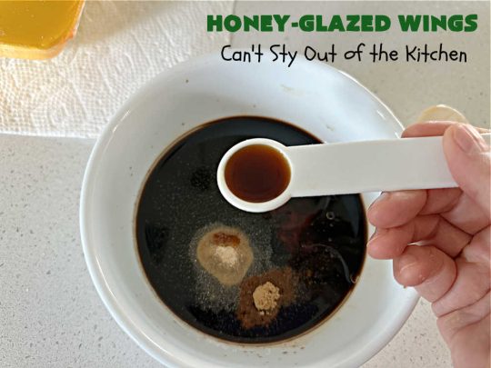 Honey-Glazed Wings | Can't Stay Out of the Kitchen | This easy-peasy #appetizer is a delicious marinated #recipe that's #baked up the next day. The #marinade is poured over the #ChickenWings before #baking so it's wonderfully easy to toss together for #tailgating parties, #potlucks & #BackyardBarbecues. #wings #chicken #poultry #GlutenFree #HoneyGlazedWings