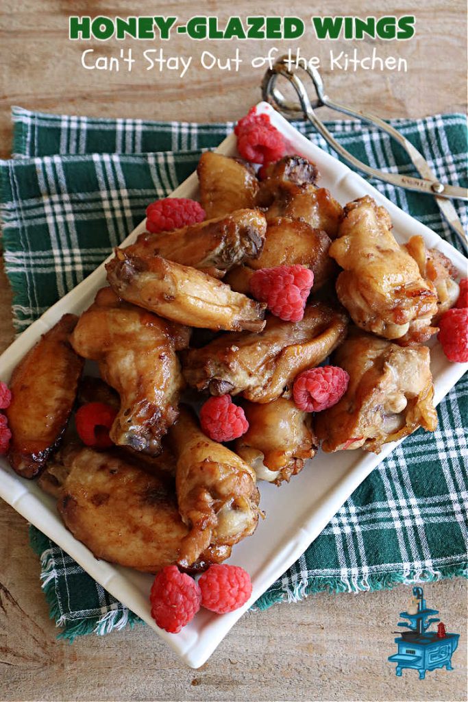 Honey-Glazed Wings | Can't Stay Out of the Kitchen | This easy-peasy #appetizer is a delicious marinated #recipe that's #baked up the next day. The #marinade is poured over the #ChickenWings before #baking so it's wonderfully easy to toss together for #tailgating parties, #potlucks & #BackyardBarbecues. #wings #chicken #poultry #GlutenFree #HoneyGlazedWings