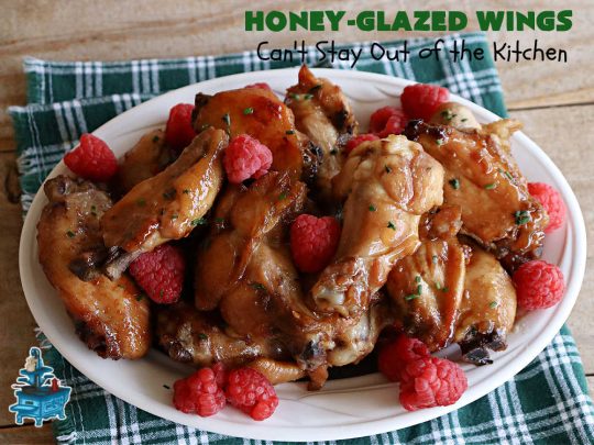 Honey-Glazed Wings | Can't Stay Out of the Kitchen | This easy-peasy #appetizer is a delicious marinated #recipe that's #baked up the next day. The #marinade is poured over the #ChickenWings before #baking so it's wonderfully easy to toss together for #tailgating parties, #potlucks & #BackyardBarbecues. #wings #chicken #poultry #GlutenFree #HoneyGlazedWings