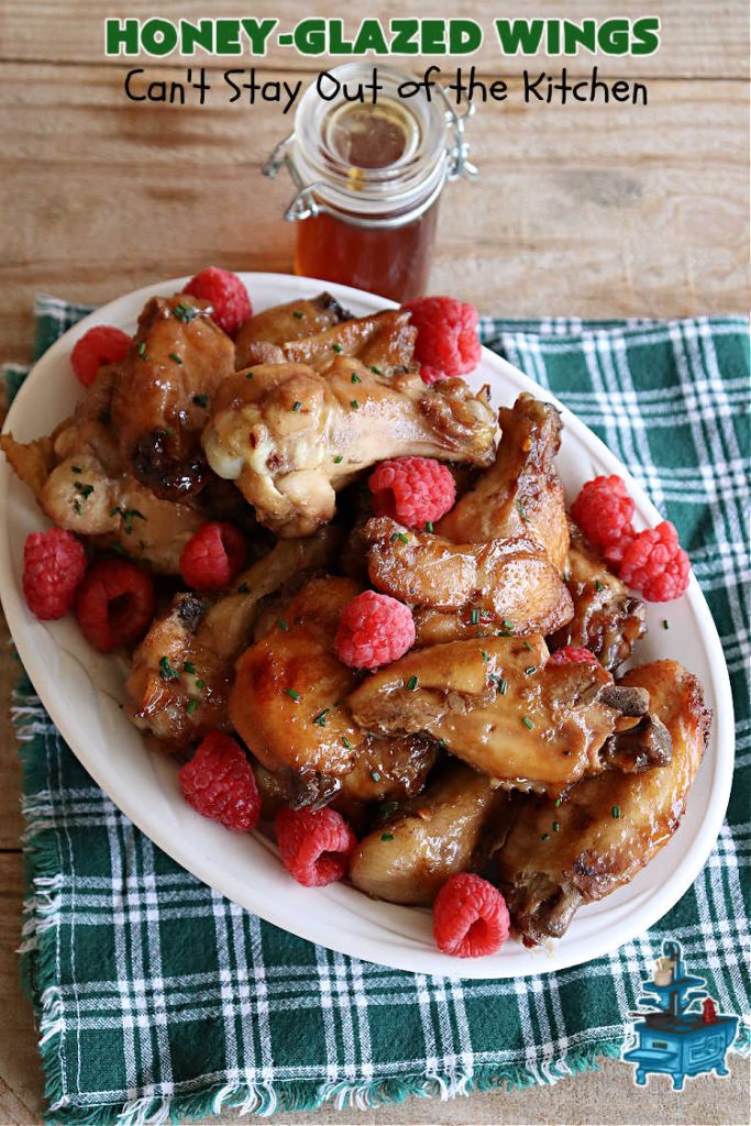 Honey-Glazed Wings | Can't Stay Out of the Kitchen | This easy-peasy #appetizer is a delicious marinated #recipe that's #baked up the next day. The #marinade is poured over the #ChickenWings before #baking so it's wonderfully easy to toss together for #tailgating parties, #potlucks & #BackyardBarbecues. #wings #chicken #poultry #GlutenFree #HoneyGlazedWings