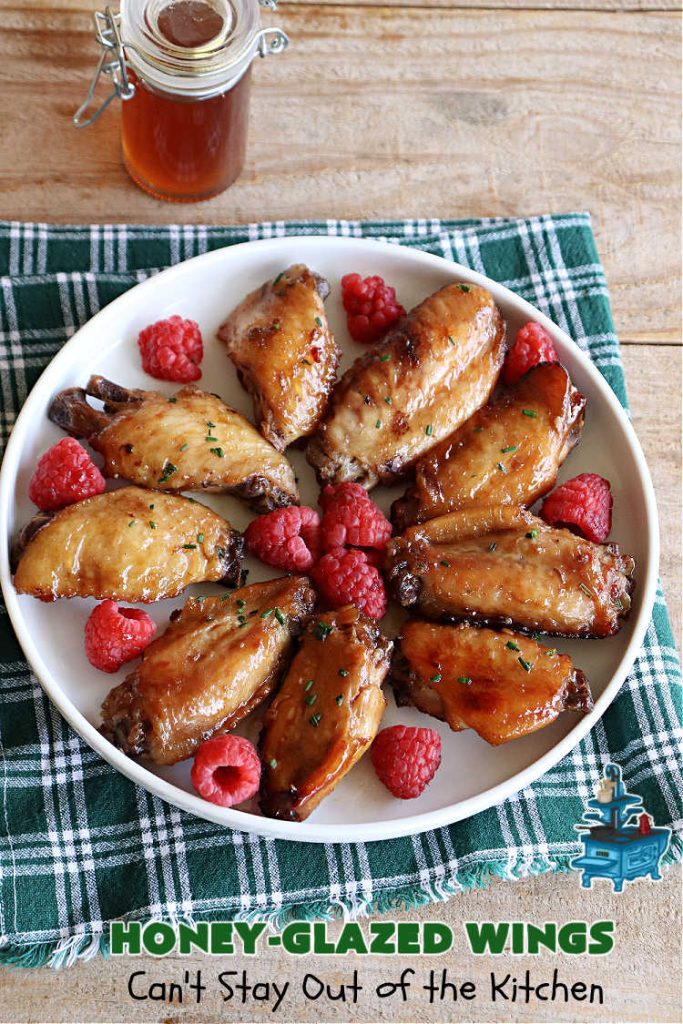 Honey-Glazed Wings | Can't Stay Out of the Kitchen | This easy-peasy #appetizer is a delicious marinated #recipe that's #baked up the next day. The #marinade is poured over the #ChickenWings before #baking so it's wonderfully easy to toss together for #tailgating parties, #potlucks & #BackyardBarbecues. #wings #chicken #poultry #GlutenFree #HoneyGlazedWings