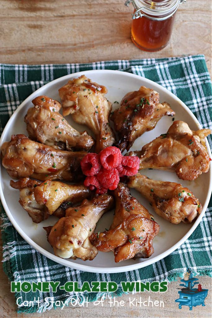 Honey-Glazed Wings | Can't Stay Out of the Kitchen | This easy-peasy #appetizer is a delicious marinated #recipe that's #baked up the next day. The #marinade is poured over the #ChickenWings before #baking so it's wonderfully easy to toss together for #tailgating parties, #potlucks & #BackyardBarbecues. #wings #chicken #poultry #GlutenFree #HoneyGlazedWings