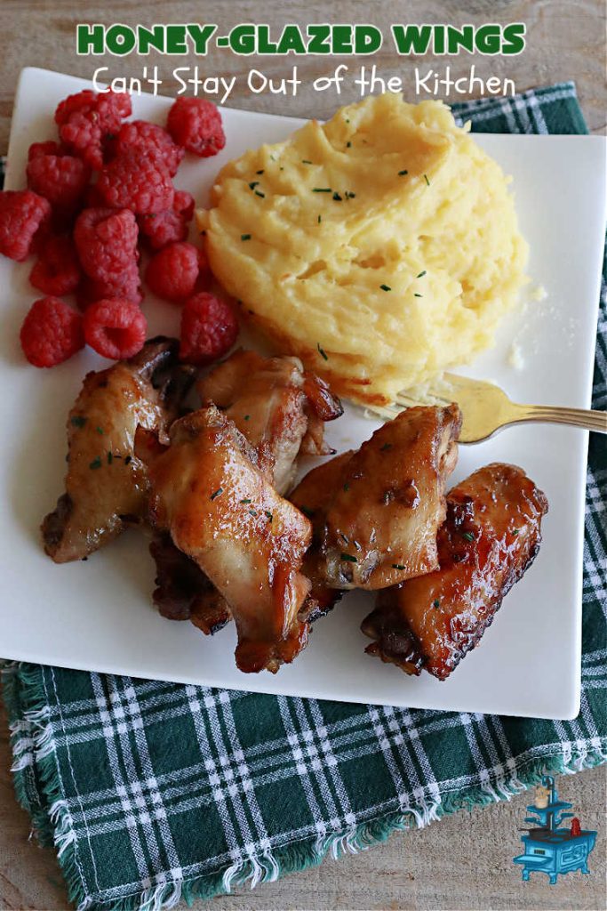 Honey-Glazed Wings | Can't Stay Out of the Kitchen | This easy-peasy #appetizer is a delicious marinated #recipe that's #baked up the next day. The #marinade is poured over the #ChickenWings before #baking so it's wonderfully easy to toss together for #tailgating parties, #potlucks & #BackyardBarbecues. #wings #chicken #poultry #GlutenFree #HoneyGlazedWings